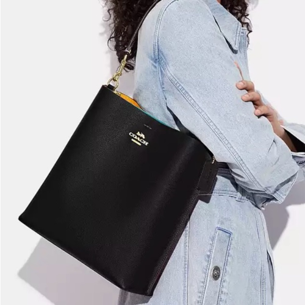 Coach Black Leather Shoulder Bag with Gold Accents - Picture 10 of 11